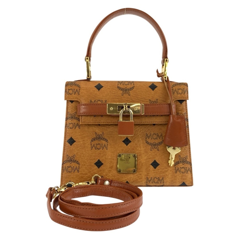 MCM Vintage Visetos Brown Gold Hardware Mini Handbag Shoulder Bag 2-way Women's